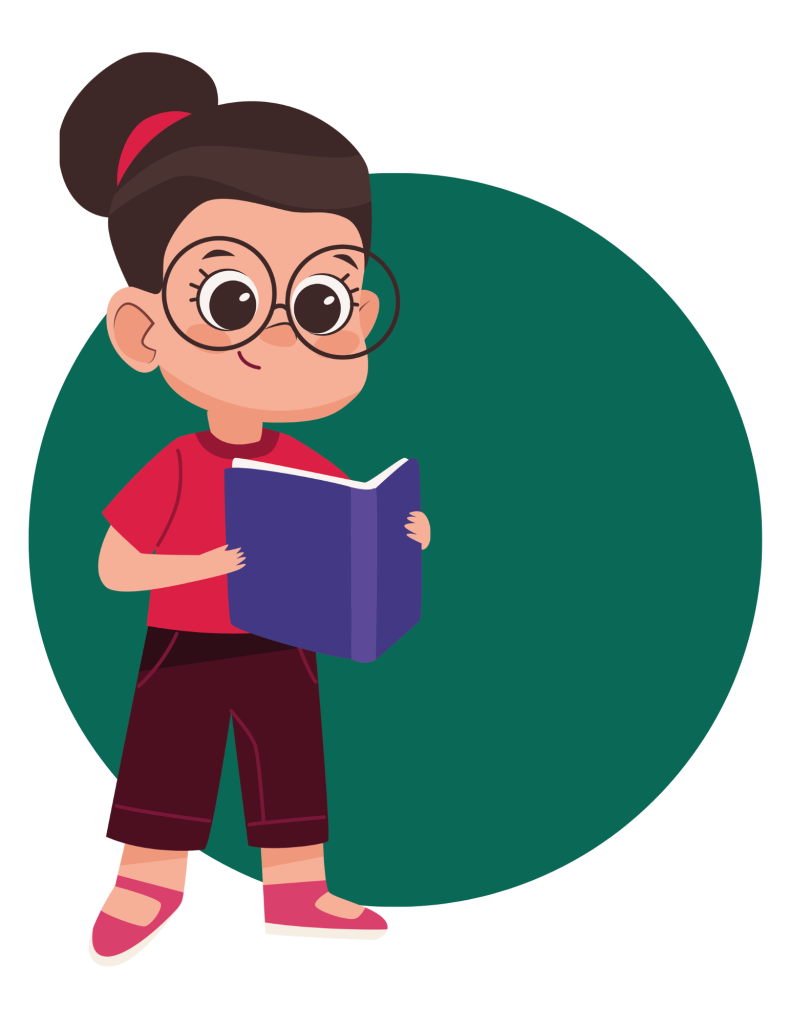 A cartoon schoolgirl smiles confidently as she reads a book, proud of the skills she's learned in private tutoring with Sharon Klafter.