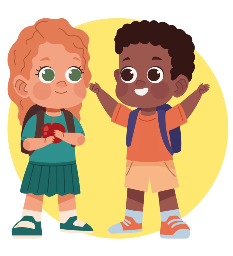 Two cartoon schoolchildren with backbacks smile excitedly about going to school with the skills private tutoring from Sharon Klafter has provided them.