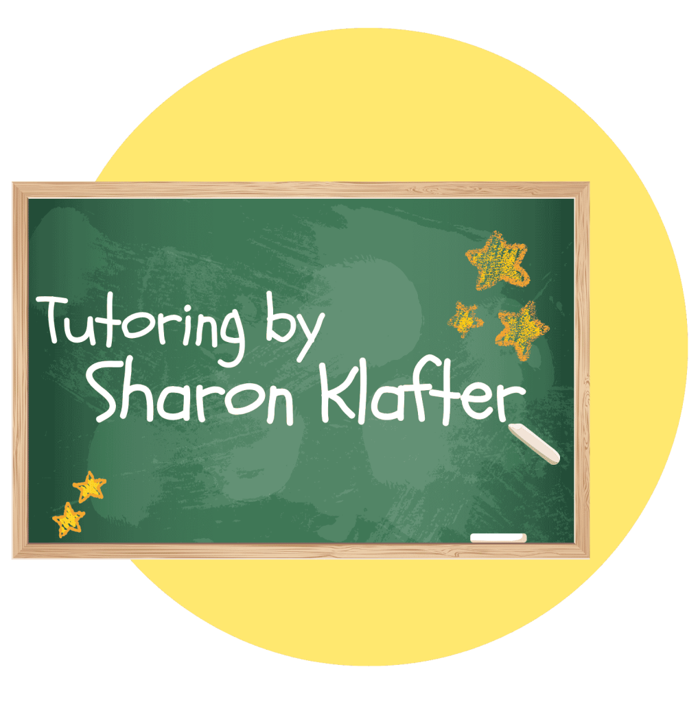 Chalk writing on a classic, green school chalkboard reads "Tutoring by Sharon Klafter."